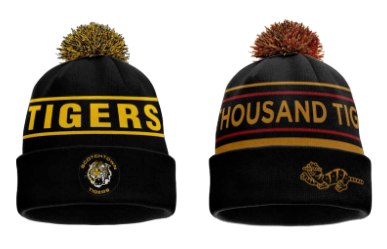 two pom pom beanies that are branded with sports teams